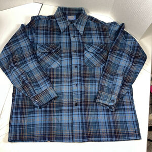 Vintage Pendleton Wool Board Shirt Mens Sz L Loop Collar Flap Pockets Blue Plaid